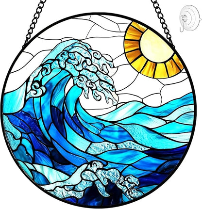 Sea Waves Sun Catchers Indoor Window - Ocean Suncatcher Stained Glass Window Hanging - 8″ Handmade Suncatchers for Windows Hanging - Home & Garden Decor Birthday Gifts for Women Men Mom Beach Lovers