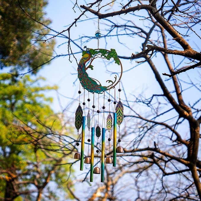 Peacock Dream Catchers Windchimes with Copper Bells 28" Peacock Wind Chimes for Outside Compose‌ Zen Atmosphere Suitable for Outdoor, Garden, Unique Peacock Home Decor Ideal Gift