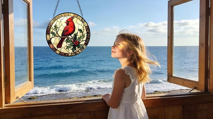 Stained Glass Window Hanging Ornament, The Red Bird Stopped on The Branch 6.3 Inches Suncatcher for Window Home Decor Bithday Christmas Monther's Day Gifts for Women Men and Mom