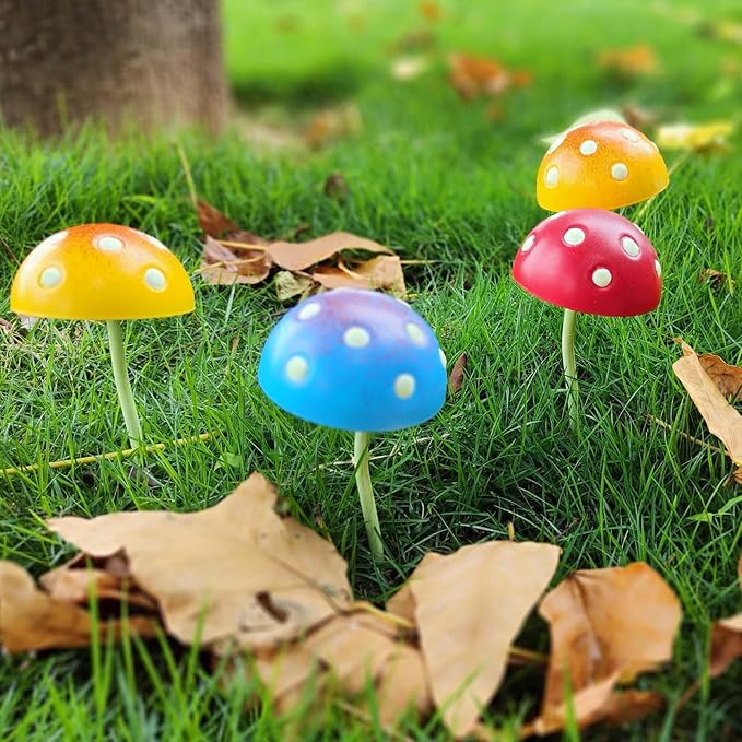 Mushroom Decor Fairy-Garden Outdoor Decor - Garden Decor Glow in The Dark Outdoor Spring Patio Shaking Head Yard Decoration 6 PCS Metal Mushroom Yard Stakes (Red2+Blue2+Yellow2)