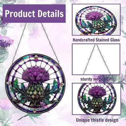10in Thistle Galss Window Hanging, Celtic/Scottish Symbol Stained - Style Decor, Suncatcher Ornament for Home Wall & Window, Gifts for Friends, Women, Art Lover