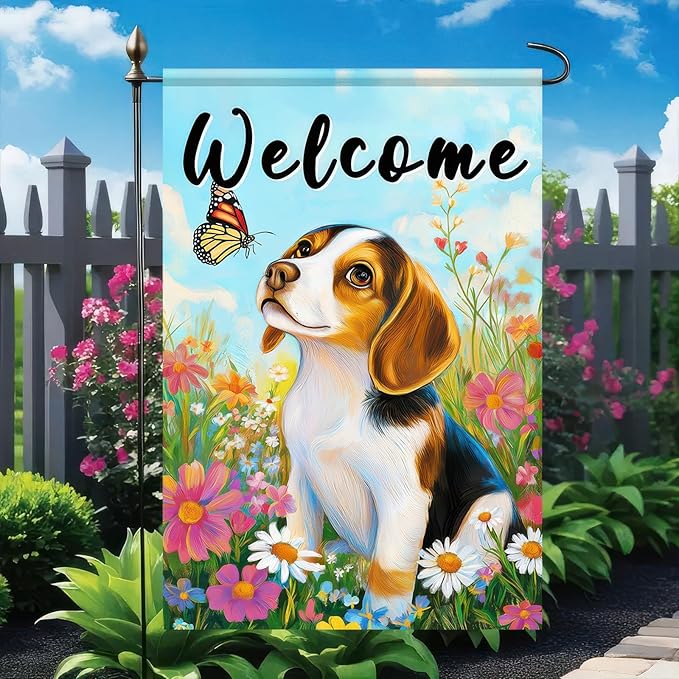 BlissYard Welcome Garden Flag Double Sided 12x18 Inch Cute Beagle Dog Flowers Seasonal Spring Small Flags For Outside Outdoor Decor Yard Farmhouse Holiday Spring Summer Decorations Yard Flags