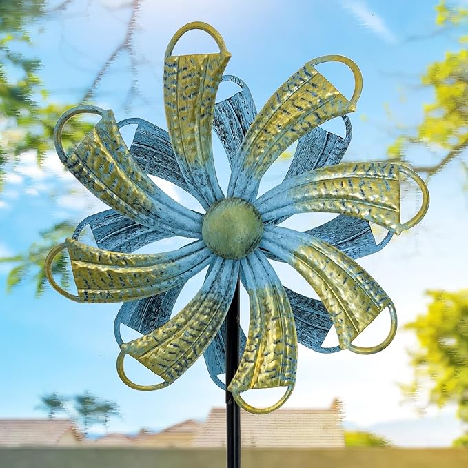54” Metal Wind Spinner Outdoor Decor, Double Layer 360° Rotating Kinetic Sculpture, Rustproof Weather-Resistant Yard Art for Patio Lawn, Wind Spinners for Yard and Garden (Bronze)