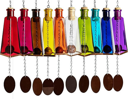 Blue Ridge Mountain Gifts Pyramid Bottle Wind Chime for Garden & Porch Decor w/Cooper Accent, Stained Wooden Ball, & Colorful Glass Bottles - Ideal for Wind Chime Lovers (Set of 10)