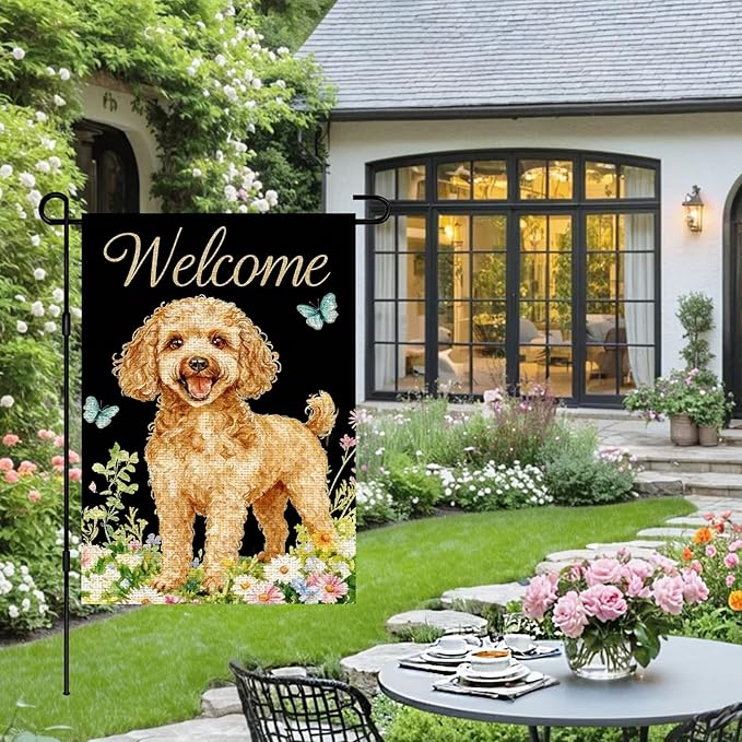 IVN Summer Poodle Dog Garden Flag 12x18 Inch Welcome Poodle Butterflies Wildflowers Double Sided Yard House Flag Seasonal Outdoor Decoration for Outside Home Front Door Lawn Porch Patio Spring Decor