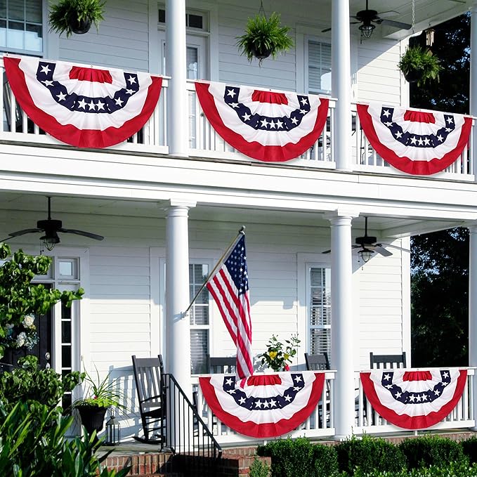3 Pack 2.5x5 FT USA Pleated Fan Flags, American Patriotic Half Fan Bunting, 4th of July Decorations 250th Anniversary Polyester Red White Blue Decor for Independence Day Outdoor Indoor Porch Garden