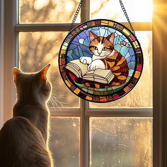 DASTOLL Stained Glass Window Hanging Little Cat Reading 6.3" - Suncatcher Door Garden Kitchen Sunroom Sun Catcher Home Decor Birthday for Lost Pets Mom Grandma Men Woman Friend