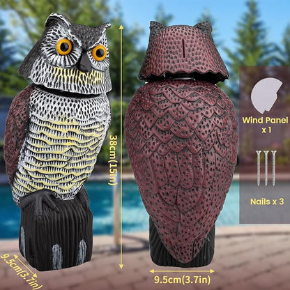 Fake Owl Decoys to Scare Birds Away, Waterproof 360° Rotating Head Hawks & Squirrel Deterrent, Garden Owl Decoy for Outdoor Yard Patio Pools