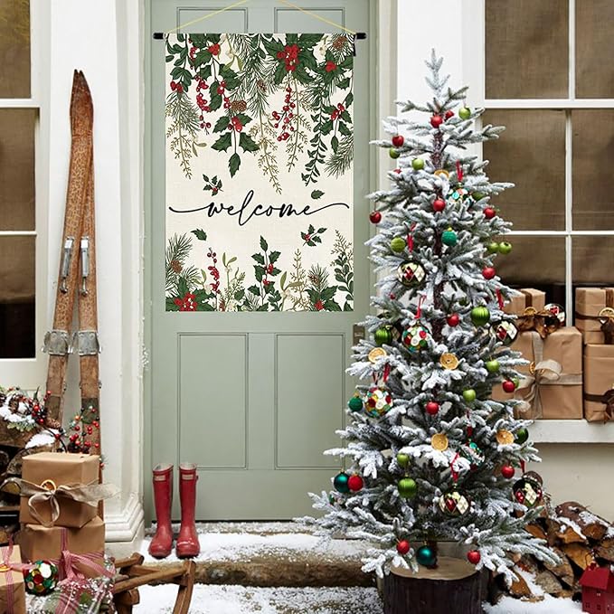 Baccessor Christmas House Flag 28x40 Inch Double Sided Poinsettia Holly Red Berries Floral Welcome Winter Lage Garden Flag Farmhouse Vintage Outside Outdoor Yard Holiday Decoration