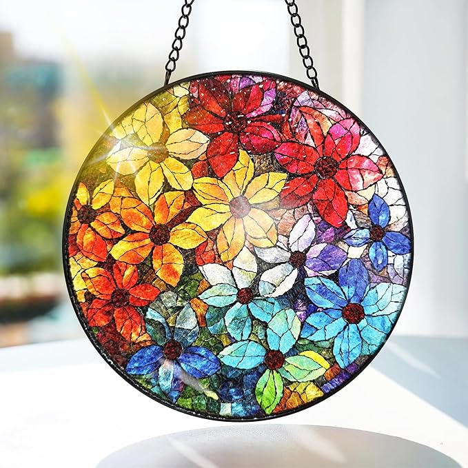 Bimkole Colorful Flower Stained Glass Suncatcher Window Hanging - Design for Indoor Window or Doorway Decoration - 7.87x7.87 inch with Chain and Hook - Unique Home Decor Gift