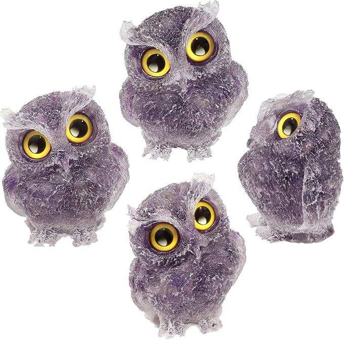 Nupuyai 3 inches Orgone Resin Crystal Chips Tumbled Stone Owl Statue, Mini Hand Carved Stone Crystal Animal Figurines for Tabletop Indoor Outdoor, Amethyst