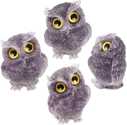 Nupuyai 3 inches Orgone Resin Crystal Chips Tumbled Stone Owl Statue, Mini Hand Carved Stone Crystal Animal Figurines for Tabletop Indoor Outdoor, Amethyst