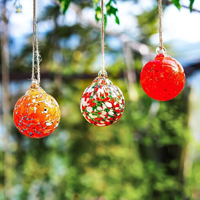 Set of 3 Hand Blown Glass Ball Ornament 2.3in Hanging Glass Gazing Balls Decor for Garden Patio