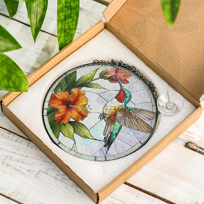7.8" Green Hummingbird Stained Glass Suncatchers Art Glass Bird and Flowers for Sun Catcher Indoor Window Gift for Pet Animal Nature Floral Lovers Women Mom Friend Painted Panel Décor BIRD-01B-SG8