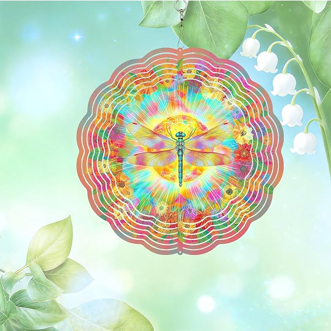 10x10 Inch Wind Spinner Outdoor Hanging Colorful Dragonfly Floral Sunburst Metal Kinetic Spiral Ornament for Yard Patio Porch Balcony Tree Window Gift