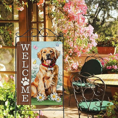 Dyrenson Welcome Golden Retriever Dog 28 x 40 House Flag Double Sided, Paw Prints Garden Yard Decoration Pet Owner Lover Gift, Spring Summer Burlap Outdoor Decor Decorative Large Flag