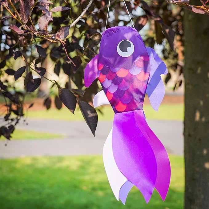 In the Breeze 5222 — 15-inch Lavender Damsel Fish Windsock — Colorful Purple Fishsock Hanging Garden Decor with Detailed Printed Graphics