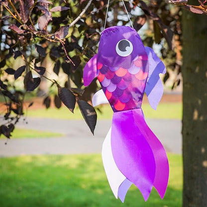 In the Breeze 5222 — 15-inch Lavender Damsel Fish Windsock — Colorful Purple Fishsock Hanging Garden Decor with Detailed Printed Graphics