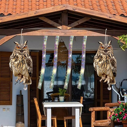 Hanging Plastic Owls for Gardens, 4PCS Reflective Hanging Owl Decoration Woodpecker Control Device with Reflective Tape, Jinging Bell for Garden Patio Windows