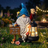 ZQQLITE Garden Gnome Statues Figurine Lights - Solar Powered Lighting Outdoor Decorations with Lantern & Welcome Sign, Yard Art Lawn Ornaments for Porch Patio Balcony - Gnome Gifts for Women Mom