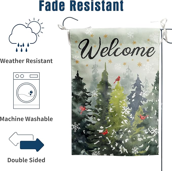 Welcome Winter House Flags Snowy Forest Pine Tree Garden Flag Cardinal Birds Yard Flag Large Christmas Outdoor Flags 28x40 Double Sided for Outside Farmhouse Lawn Decor