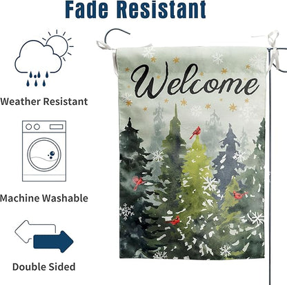 Welcome Winter House Flags Snowy Forest Pine Tree Garden Flag Cardinal Birds Yard Flag Large Christmas Outdoor Flags 28x40 Double Sided for Outside Farmhouse Lawn Decor