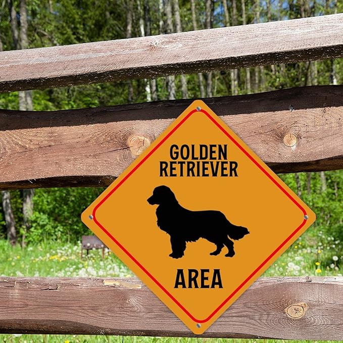 Warning Golden Retriever Area Metal Tin Sign Golden Retriever Dog Caution Crossing Xing Street Sign Yellow Diamond Shape Funny Metal Sign For Indoor Outdoor 12x12in
