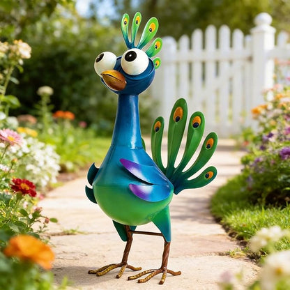Ratuor Metal Peacock Statue Garden Decor Cartoon Peacock with Bobbling Eyes Yard Art Lawn Patio Decoration Outdoor Sculpture for Housewarming Birthday Wedding