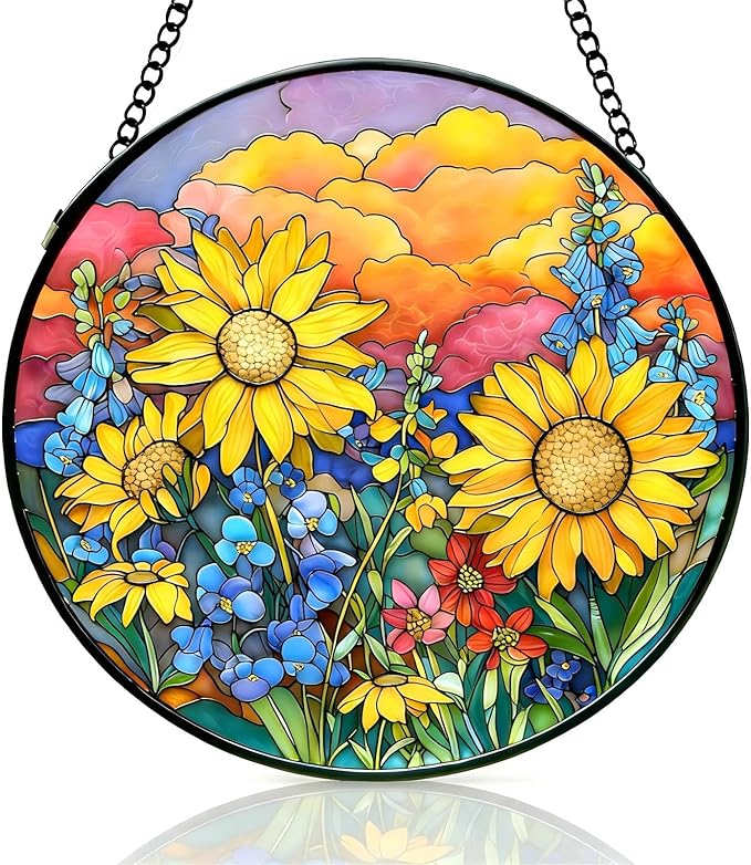 Stained Glass Window Hanging, Sunflower Sun Catchers Glass Panel, Suncatcher Window Decor 8", Birthday for Women Men Mom and Friend Colleague