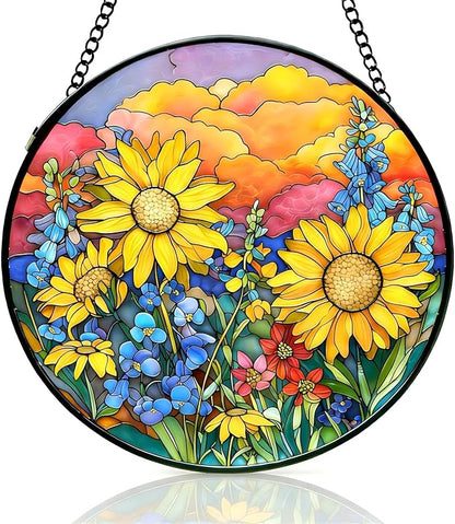 Stained Glass Window Hanging, Sunflower Sun Catchers Glass Panel, Suncatcher Window Decor 8", Birthday for Women Men Mom and Friend Colleague