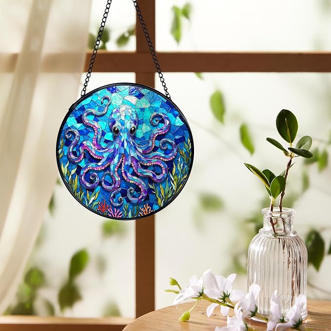 Ocean Beach Octopus Suncatchers Stained Glass Window Hanging, Octopus Decor Sun Catchers Indoor Window Glass Round Wall Decor, Coastal Beachy Wall Hanging Decorations, 7.9x7.9in