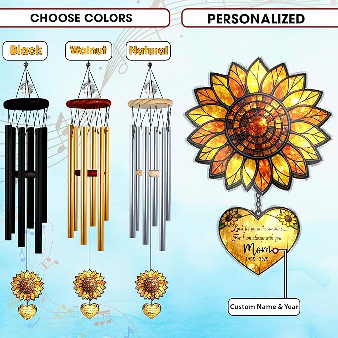 Personalized Memorial Sunflower Wind Chimes for Outside, Custom Crystal Memory Suncatcher Ornament, Sympathy Gift for Loss of Mother Father, in Loving Memory Windchimes, Mother's Day Garden Décor