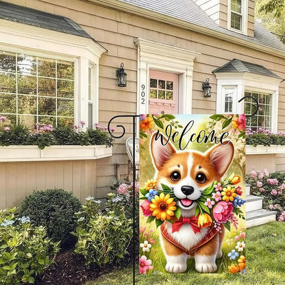 BlissYard Spring Corgi Garden Flag 12x18 Inches Double Sided Cute Puppy Welcome Yard Flags Colorful Floral Sunflower Butterfly Summer for Outside Decor Home Farmhouse lawn Decorations