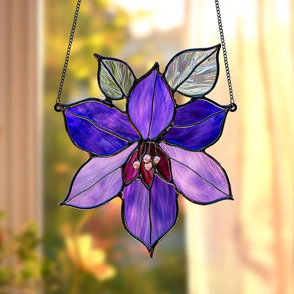 Purple Clematis Flower Acrylic Suncatcher, Flower Suncatchers for Window Hangings, Stained Glass Effect Garden Decor, Gift for Mother's Day, Mom, Grandma, Wife, Women