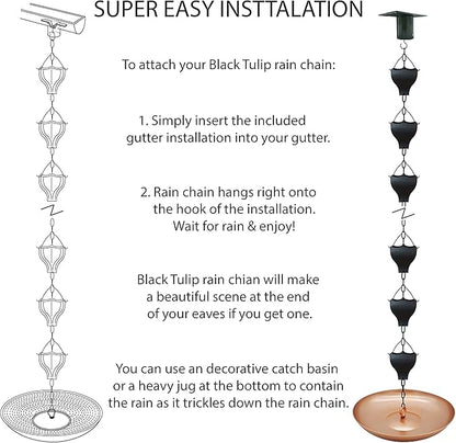 8.5FT Black Tulip Iron Rain Chains for Gutter and Rain Barrel, Replacement for Downspout, Rust-Resistant Plated Garden Décor Rain Chain, Bonus Rain Chain Gutter Adapter, Earrings for House