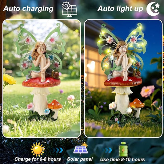 twinbling Solar Fairy Garden Decor Flower Fairies Mushroom Figurines with Snail Decor Gifts for Women Mom Miniature Fairy Figurine for Lawn Garden Patio Yard Decorations Outdoor Statue