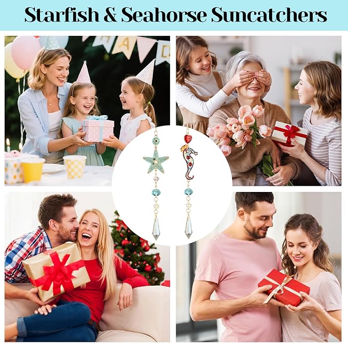 Bohemian Crystal Suncatcher Set - Starfish & Seahorse Hanging Ornaments with Crystals, Handmade Prism Sun Catcher for Window, Car, Garden, Party, Wedding, Home Decor