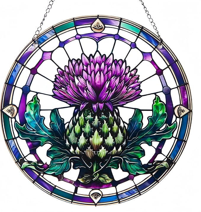 2 Pack Acrylic Thistle Window Hanging, 8in Scottish Symbol Stained - Style Decor, Suncatcher Ornament for Home Wall & Window, Ideal Gift for Celtic Culture Lover