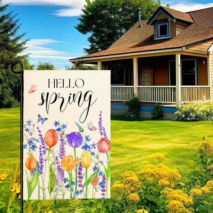 Hello Spring Garden Flags Tulip Lavender Yard Flag Butterflies Floral Seasonal Garden Flags Welcome Spring Flowers Rustic Home Banner for Outdoor House Summer Decoration