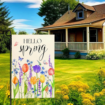 Hello Spring Garden Flags Tulip Lavender Yard Flag Butterflies Floral Seasonal Garden Flags Welcome Spring Flowers Rustic Home Banner for Outdoor House Summer Decoration