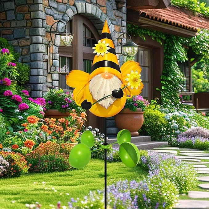 HONGLAND Gnome Metal Yard Art, Gnomes Garden Statue Outdoor Decor, 48 inch Gnome Decorations 360 Degrees Swivel Wind Spinner for Outdoor Patio Garden Backyard Décor - Bee