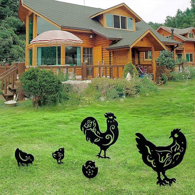 Chicken Metal Yard Art Animals Stakes,5PCS Outdoor Large Black Chickens Family Silhouette Country Garden Sculpture Set,Rooster Mother Hen and Chicks