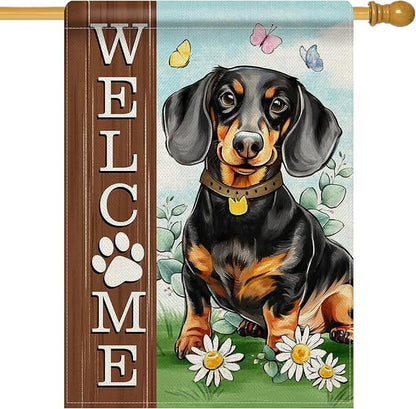 Dyrenson Welcome Dachshund Dog 28 x 40 House Flag Double Sided, Paw Prints Garden Yard Decoration Pet Owner Lover Gift, Spring Summer Burlap Outdoor Decor Decorative Large Flag
