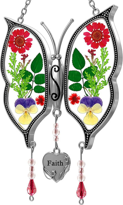 KY&BOSAM Butterfly Suncatcher Faith Stained Glass for Windows Hangings Wind Chimes Ornament with Pressed Flower Wings Embedded in Glass and Metal Charm for Mom Birthdays Christmas