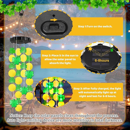Shamrock Shell Solar Wind Chimes Outdoor with Shamrock Clover Design 27.5 Inch LED Shell Gradient Lights Hanging Decor for Garden, Yard, Patio, Porch