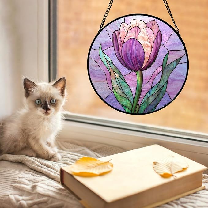 DASTOLL Stained Glass Window Hanging Purple Tulips Flower Large 11.8" - Suncatcher Door Garden Sun Catcher Home Decor Birthday Mother's Day for Mom Men Woman Parents Her Nana Friend