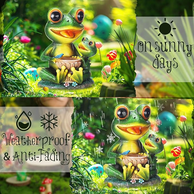 Roowest Solar Garden Statue Frog with Bird Bath, Mother & Child Frog Outdoor Decor with LED Light, Waterproof Resin Yard Ornament, Cute Frogs Gift for Mom Grandma Women, Patio Lawn Balcony Decoration