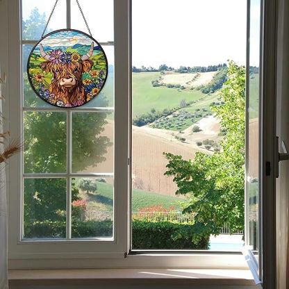 Flowers Highland Stained Glass Window Hanging Cow Sun Catcher Cowgirl Decor Highland Cow Gifts for Women Christmas Suncatchers for Home Windows Hanging Decoration, 7.87inch