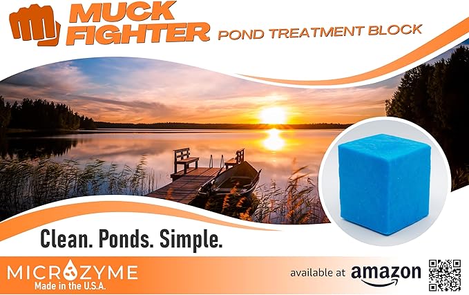 Muck Fighter Pond Treatment Block | Lasts 30 days | Natural Pond Bacteria & Sludge Decomposing Enzymes | Water Clearing Odor Eliminating Microbes | Safe for Fish, Pets, & Recreation (4-pack)