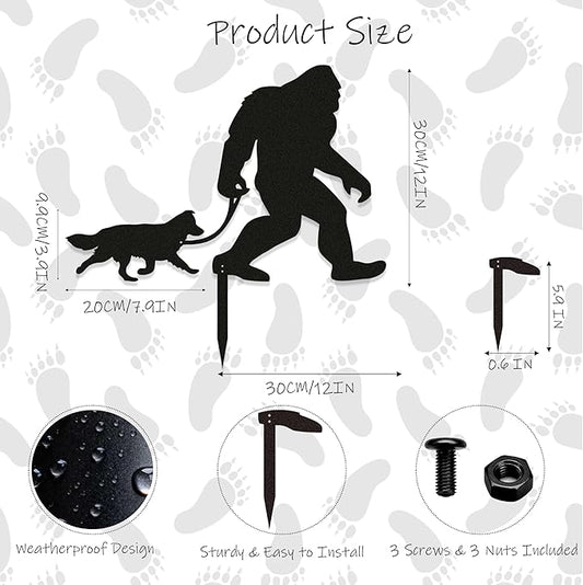 Bigfoot Garden Stake – Metal Sasquatch Statue Walking Border Collie Dog on Leash – Funny Bigfoot Yard Decor, Outdoor Metal Yard Art, Sasquatch Sign for Garden & Lawn